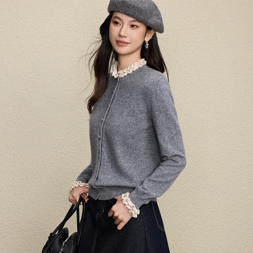 「高货rp」全新升级【铂金会员284/天猫379/差价95】(94442)洛诗琳法式木耳花边拼接针织开衫2025冬季纯色百搭毛衣女 商品图1