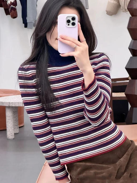 赛琳 25秋冬新款 半高领三色条纹毛衣(TM) 商品图6