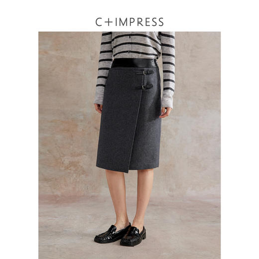 C+IMPRESS/西嘉美利奴羊毛 腰头拼接皮袢裙经典百搭直筒半身裙冬BQ2504032 商品图0