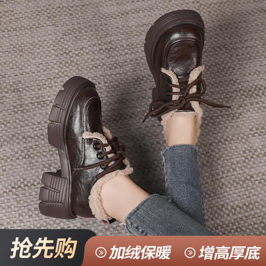 丁摩 牛皮厚底加绒乐福鞋女新冬款保暖增高系带英伦风复古风小皮鞋5ZF-2865 商品图1