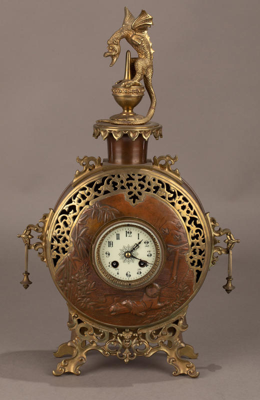 独角鹿西洋古董 19世纪晚期法国钟表匠出品东方风格花鸟主题铜鎏金装饰座钟烛台三件套 商品图2