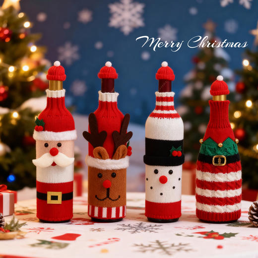 圣诞节装饰品红酒香槟套 卡通针织酒瓶套 酒店餐厅氛围感场景布置 商品图0