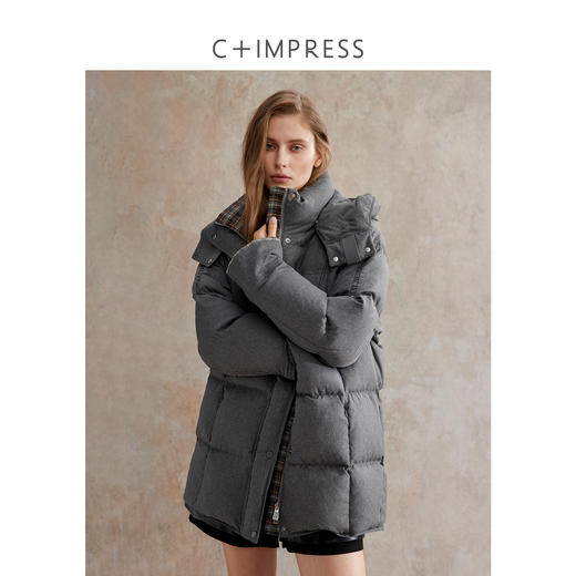 西嘉 新国标90白鸭绒 羽绒服女连帽中长款格子撞色保暖外套25新款YRF2504084 商品图0