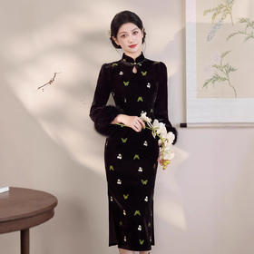 MYJ 丝绒蝴蝶旗袍刺绣加绒遮肉复古连衣裙日常