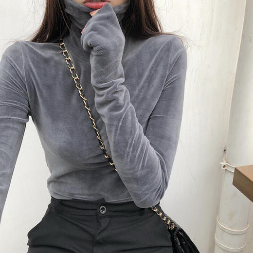 【秒变辣妹❗️金丝绒高领打底衫】精致修身显瘦版型，高领设计贴合颈部，柔软亲肤，不掉色不起球，秋冬女洋气加绒加厚打底衫百搭内搭黑色长袖QQ 商品图0