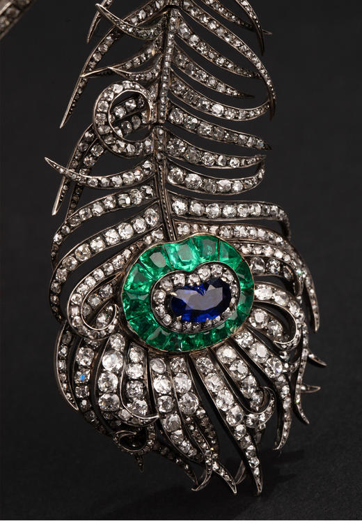 独角鹿西洋古董 1883法国设计出品俄罗斯大公定制款金银叠打镶嵌蓝宝石祖母绿及钻石「孔雀羽毛」项链 商品图4