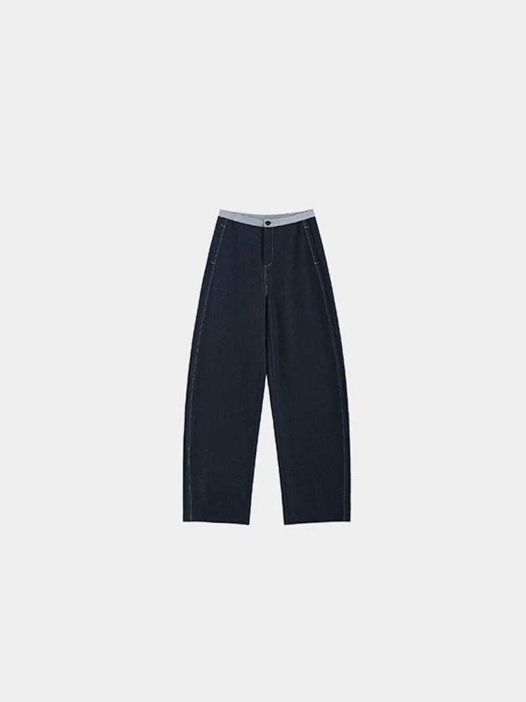 800g加绒加厚复古水洗做旧撞色拼腰显瘦弯刀香蕉裤