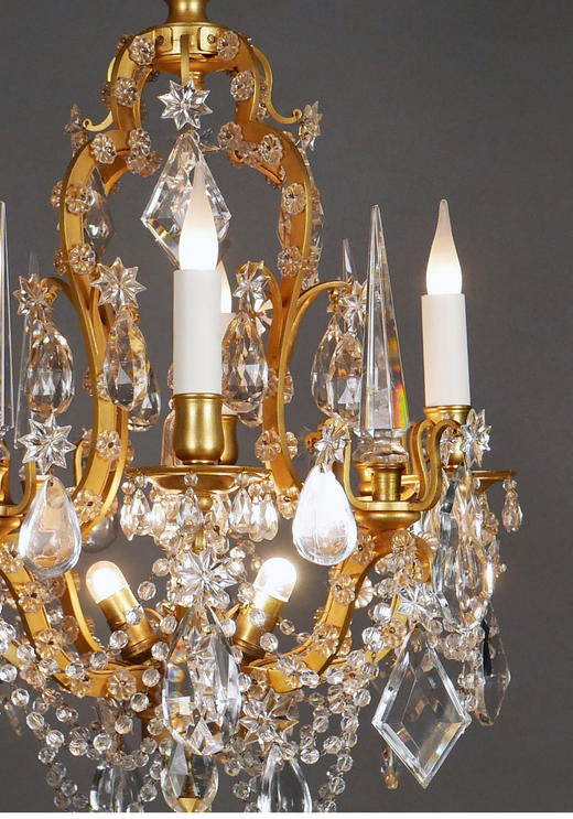 独角鹿西洋古董 1880年代法国出品路易十五风格「鸟笼」主题铜鎏金四枝头烛台式水晶吊灯 商品图4