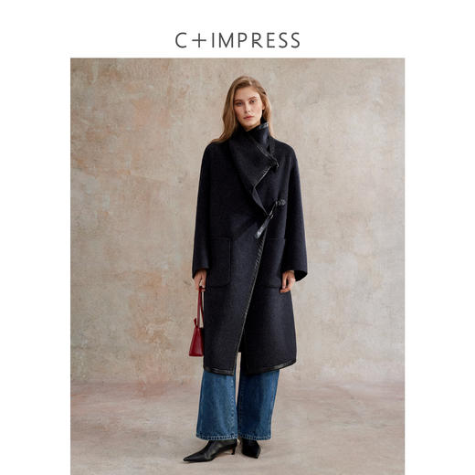 C+IMPRESS/西嘉美丽诺绵羊毛 黑色双面呢大衣女中长款拼皮边外套DY2504027 商品图1