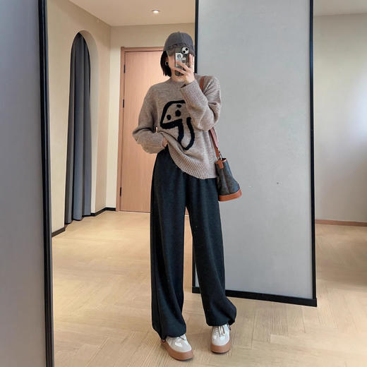 丁摩 高克重羊毛醋酸阔腿束脚裤高腰运动休闲裤女加厚秋冬5ZF-92401 商品图2