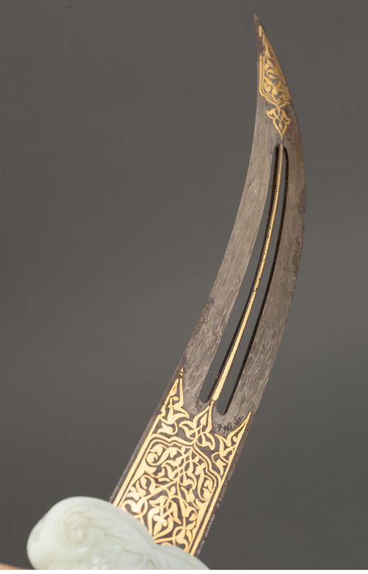 独角鹿西洋古董 19世纪奥斯曼帝国出品玉石雕花手柄花卉卷叶纹金银镶嵌半宝石装饰匕首【未开刃】 商品图5