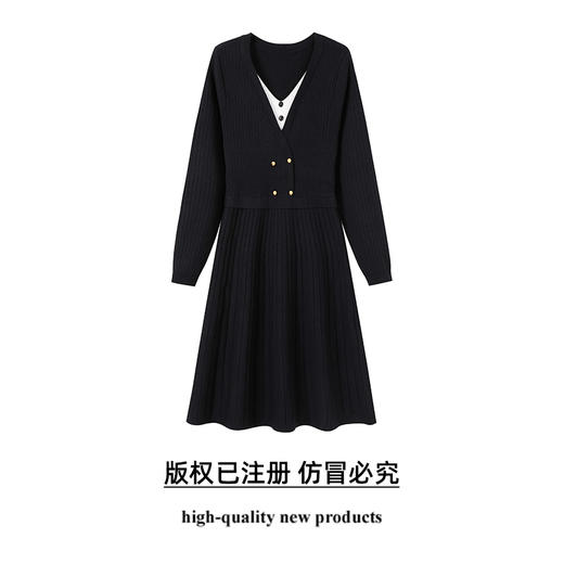 奢姿大码女装2025春季气质V领假两件连衣裙胖妹妹时尚针织裙子9851890332 商品图0