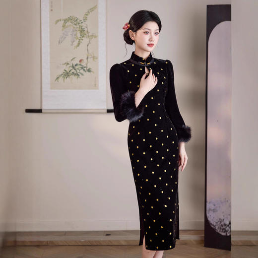 MYJ 黑色丝绒加绒加厚旗袍收腰遮肉复古旗袍波点连衣裙 商品图3