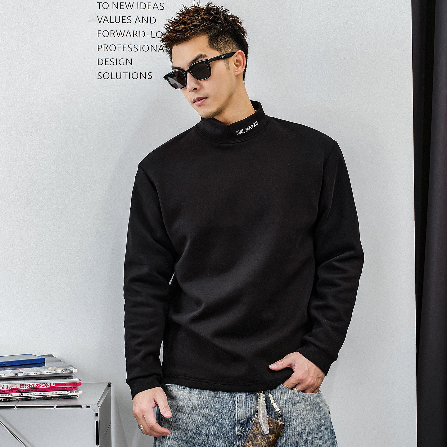 徐太浪【莫代尔混纺 字母刺绣】半高领长袖T恤男秋冬款打底衫上衣