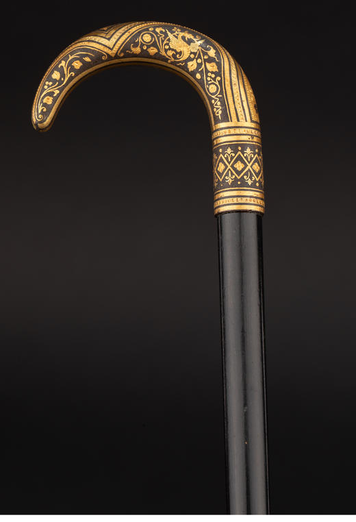 【已售】独角鹿西洋古董 1900年代西班牙出品卷叶花卉纹饰托莱多钢镶嵌黄金杖柄硬木古董手杖 商品图2