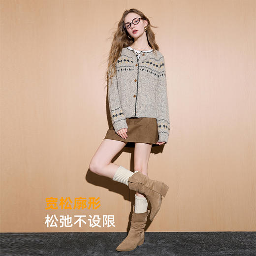 西遇费尔岛毛衫女冬季新款圆领印花短款奶油针织开衫外套SS051848 商品图2