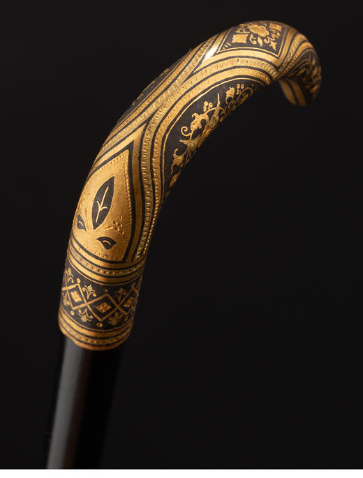 【已售】独角鹿西洋古董 1900年代西班牙出品卷叶花卉纹饰托莱多钢镶嵌黄金杖柄硬木古董手杖 商品图3