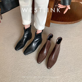 西遇内增高短靴女新款秋冬韩系百搭洋气小踝靴黑色方头瘦瘦靴V2157198