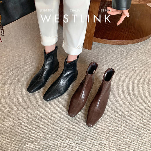 西遇内增高短靴女新款秋冬韩系百搭洋气小踝靴黑色方头瘦瘦靴V2157198 商品图0