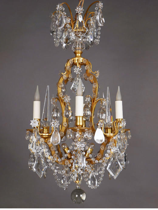 独角鹿西洋古董 1880年代法国出品路易十五风格「鸟笼」主题铜鎏金四枝头烛台式水晶吊灯 商品图0