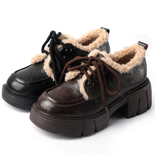 丁摩 牛皮厚底加绒乐福鞋女新冬款保暖增高系带英伦风复古风小皮鞋5ZF-2865 商品图4