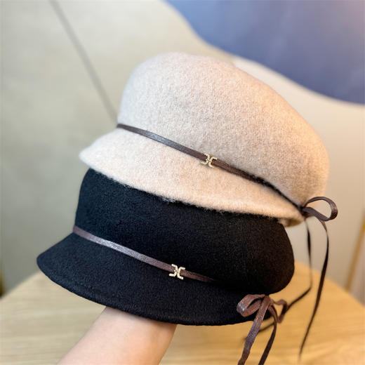 丁摩 秋冬羊毛蝴蝶结绑带贝雷帽子女时尚显脸小渔夫帽云朵爆头帽5ZF-526 商品图0