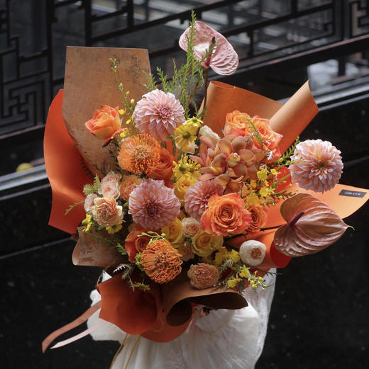 《秋收》奶油桃子针垫大花蕙兰橙色系花束 商品图5