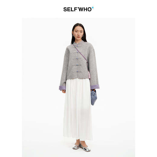 SELFWHO70支绵羊毛新中式盘扣双面呢外套女2025冬季新款撞色上衣 商品图3