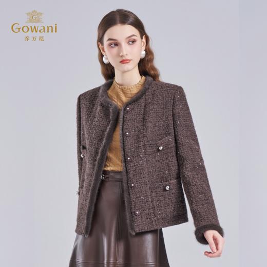 乔万尼冬2025新品奢华复古感亮片粗花呢贵气毛绒边羊驼绵羊毛小香风外套ED4B791 商品图1