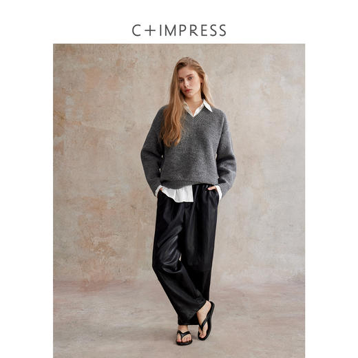 C+IMPRESS西嘉 美丽诺绵羊毛 宽松圈圈毛慵懒感套头毛衣女编织V领MY2504079 商品图3