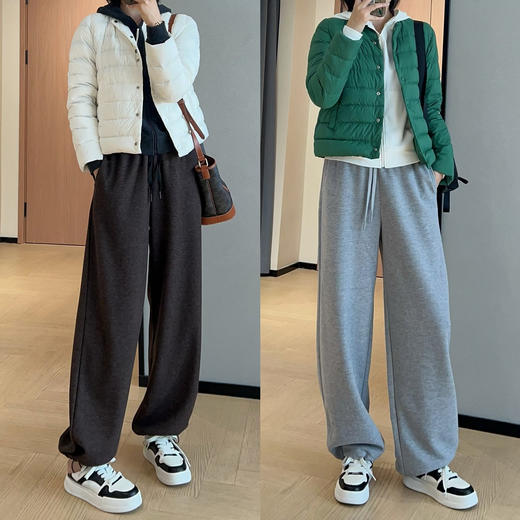 丁摩 高克重羊毛醋酸阔腿束脚裤高腰运动休闲裤女加厚秋冬5ZF-92401 商品图0