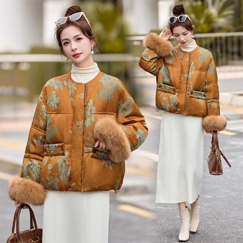 HR AQHUI8165新中式羽绒服气质优雅国风羽绒外套配真狐狸袖毛 商品图4