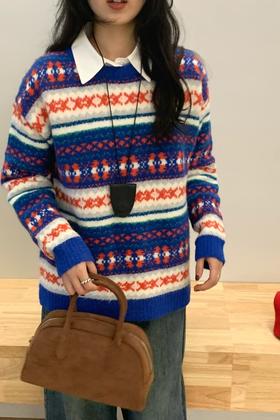 HAYES 高级氛围感拼色提花条纹毛衣 21558