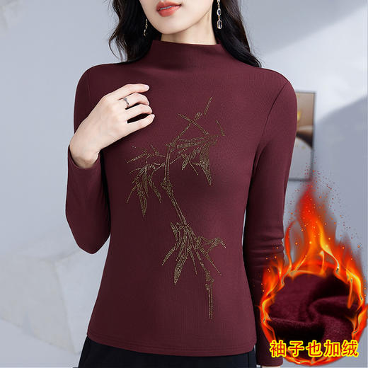 丁摩 加绒保暖打底衫女洋气镶钻半高领一体绒T恤LR58127 商品图1