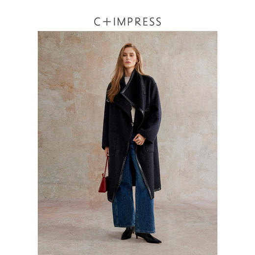 C+IMPRESS/西嘉美丽诺绵羊毛 黑色双面呢大衣女中长款拼皮边外套DY2504027 商品图3