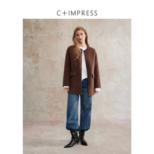 C+IMPRESS西嘉 羊驼毛羊毛 格纹异色双面呢围巾大衣女短款外套冬DY2504067 商品图3