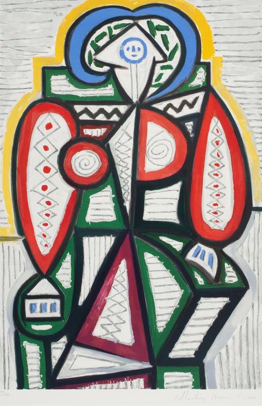 独角鹿西洋古董 20世纪法国艺术家创作出品彩色石版画《坐着的女人》 商品图2