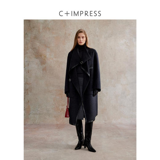 C+IMPRESS/西嘉美丽诺绵羊毛 黑色双面呢大衣女中长款拼皮边外套DY2504027 商品图4