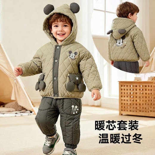 迪士尼（Disney）男童夹棉保暖外穿卡通立体米奇外套裤子加绒套装两件套秋冬新款 商品图3