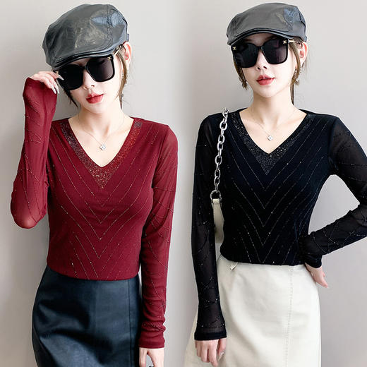 KQL 461H8019性感V领重工艺镶钻T恤上衣修身显瘦打底衫 商品图0