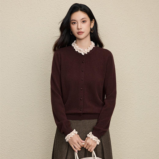 「高货rp」全新升级【铂金会员284/天猫379/差价95】(94442)洛诗琳法式木耳花边拼接针织开衫2025冬季纯色百搭毛衣女 商品图3