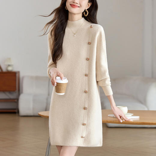 丁摩 半高领针织衫中长款打底连衣裙QL-W8508 商品图1