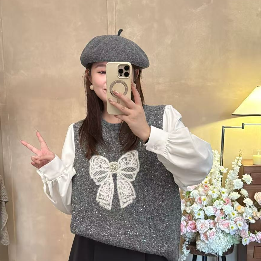 25AW上新 佳佳同款【微光星辰】立体蝴蝶结捏褶袖针织毛衣时尚百搭圆领甜美