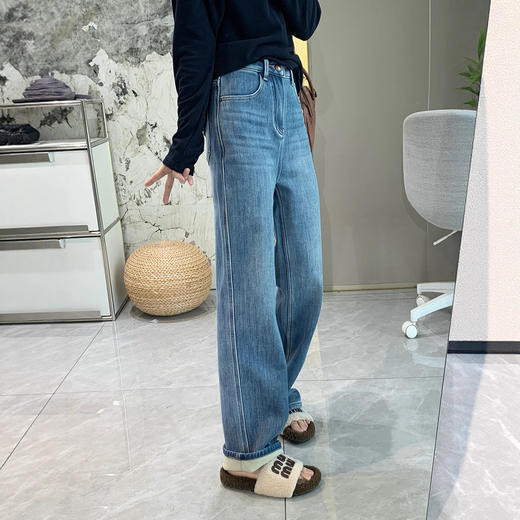 丁摩 一条过冬!【加绒】敲软糯奥利绒直筒牛仔裤女秋冬加厚四面弹高腰保暖长裤5ZF-10212 商品图2