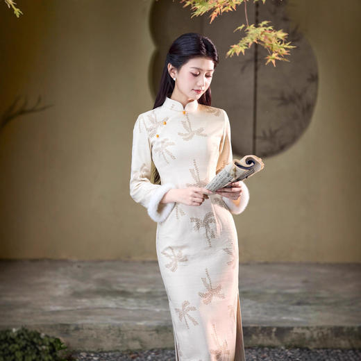 MYJ 加绒加厚长款改良旗袍复古修身长袖日常可穿 商品图2