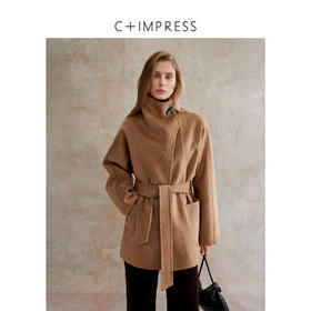 骆驼绒羊毛中长翻领皮袢系带收腰双面尼大衣DY2504071