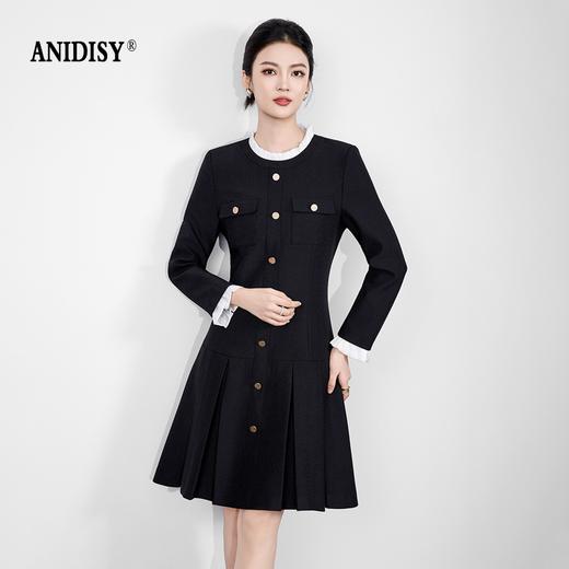 木耳花边立领长袖单排扣修身百褶连衣裙 商品图0