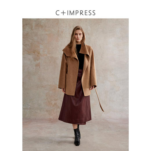 骆驼绒羊毛中长翻领皮袢系带收腰双面尼大衣DY2504071 商品图3