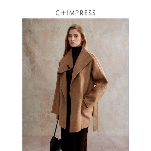 骆驼绒羊毛中长翻领皮袢系带收腰双面尼大衣DY2504071 商品图1