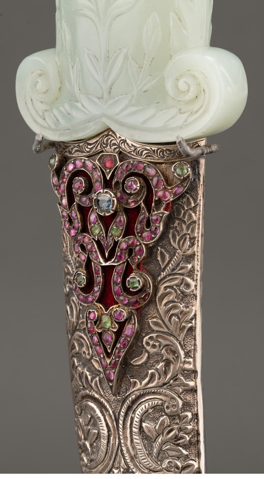 独角鹿西洋古董 19世纪奥斯曼帝国出品玉石雕花手柄花卉卷叶纹金银镶嵌半宝石装饰匕首【未开刃】 商品图3